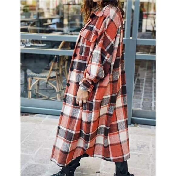 Red Plaid Print Oversized Button Down Long Midi Trench Flannel Jacket Coat - Picture 3 of 7